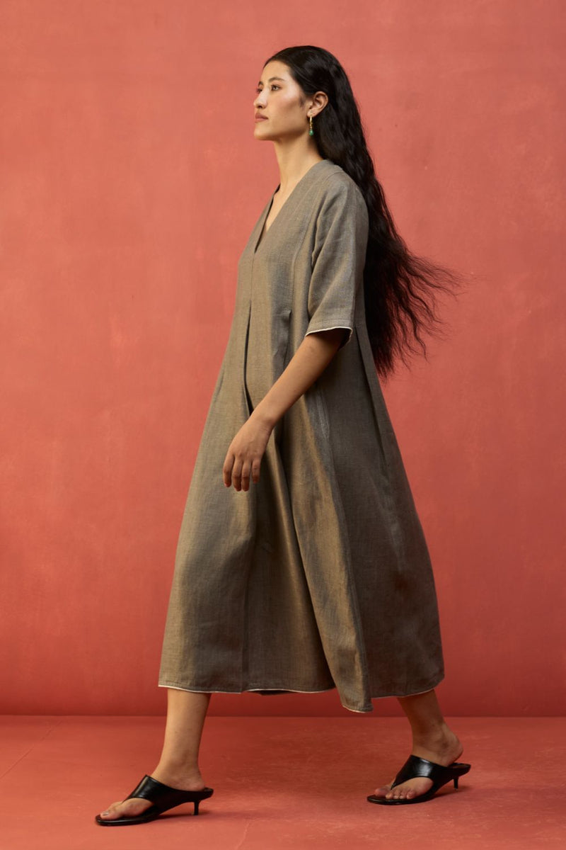 Maki Pleated Linen Dress - Grey linen by Manan in grey color for women in Singapore