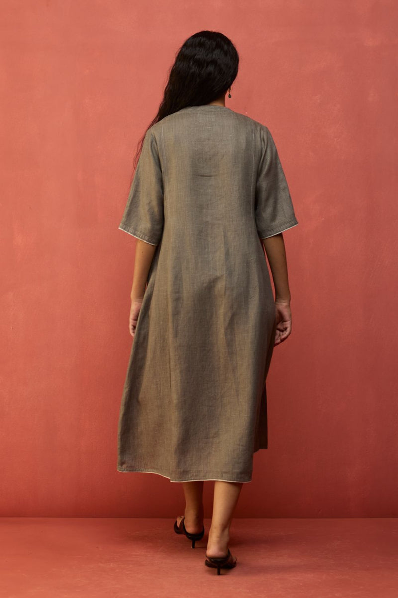 Maki Pleated Linen Dress - Grey linen by Manan in grey color for women in Singapore