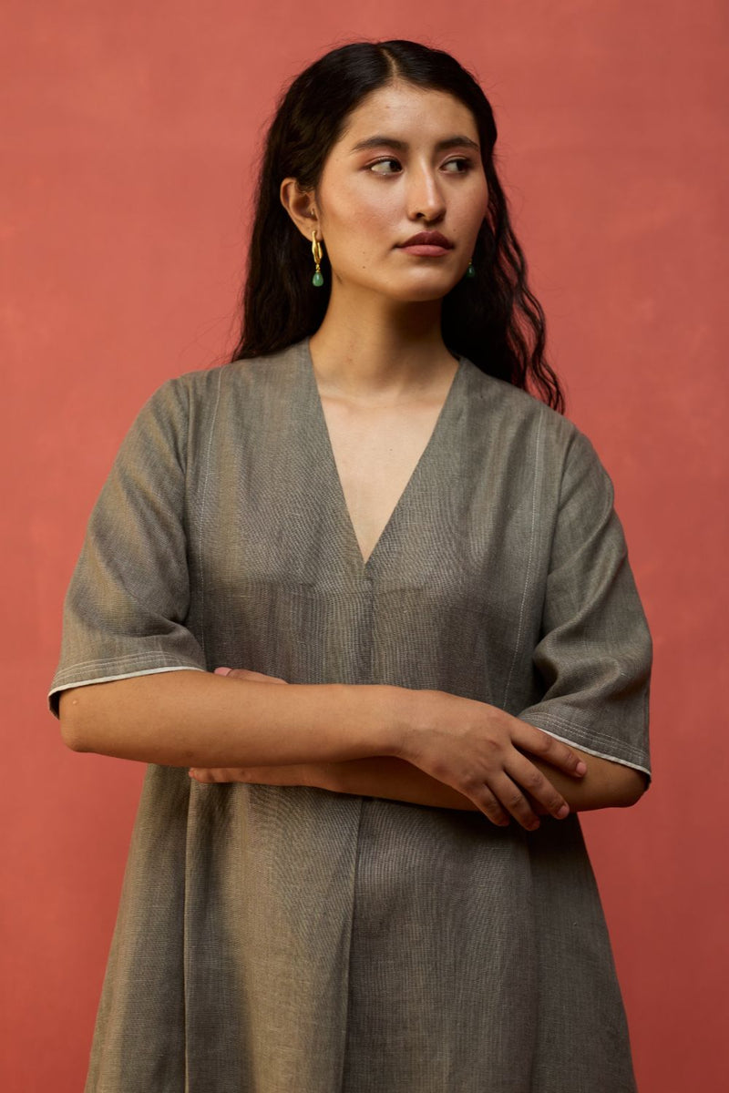 Maki Pleated Linen Dress - Grey linen by Manan in grey color for women in Singapore