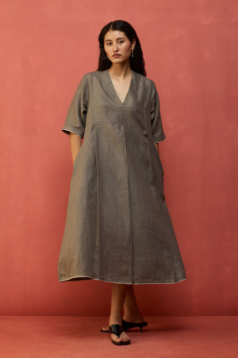 Maki Pleated Linen Dress - Grey linen by Manan in grey color for women in Singapore