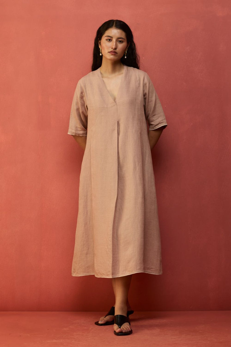 Maki Pleated Linen Dress - Dusty Rose linen by Manan in blush color for women in Singapore
