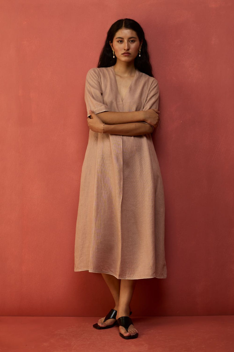 Maki Pleated Linen Dress - Dusty Rose linen by Manan in blush color for women in Singapore