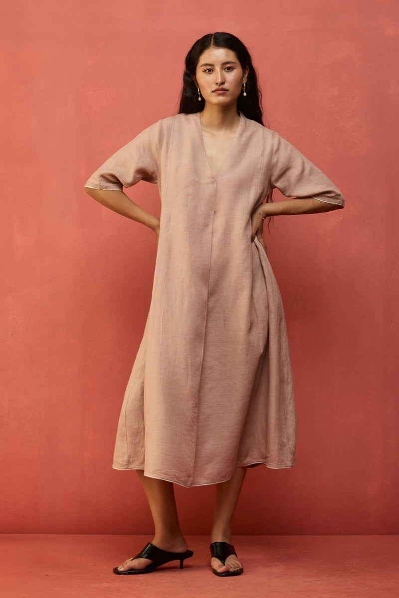 Maki Pleated Linen Dress - Dusty Rose linen by Manan in blush color for women in Singapore
