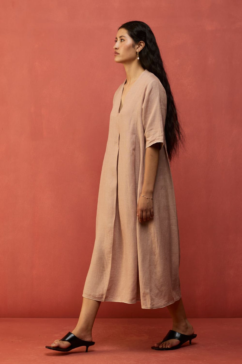 Maki Pleated Linen Dress - Dusty Rose linen by Manan in blush color for women in Singapore