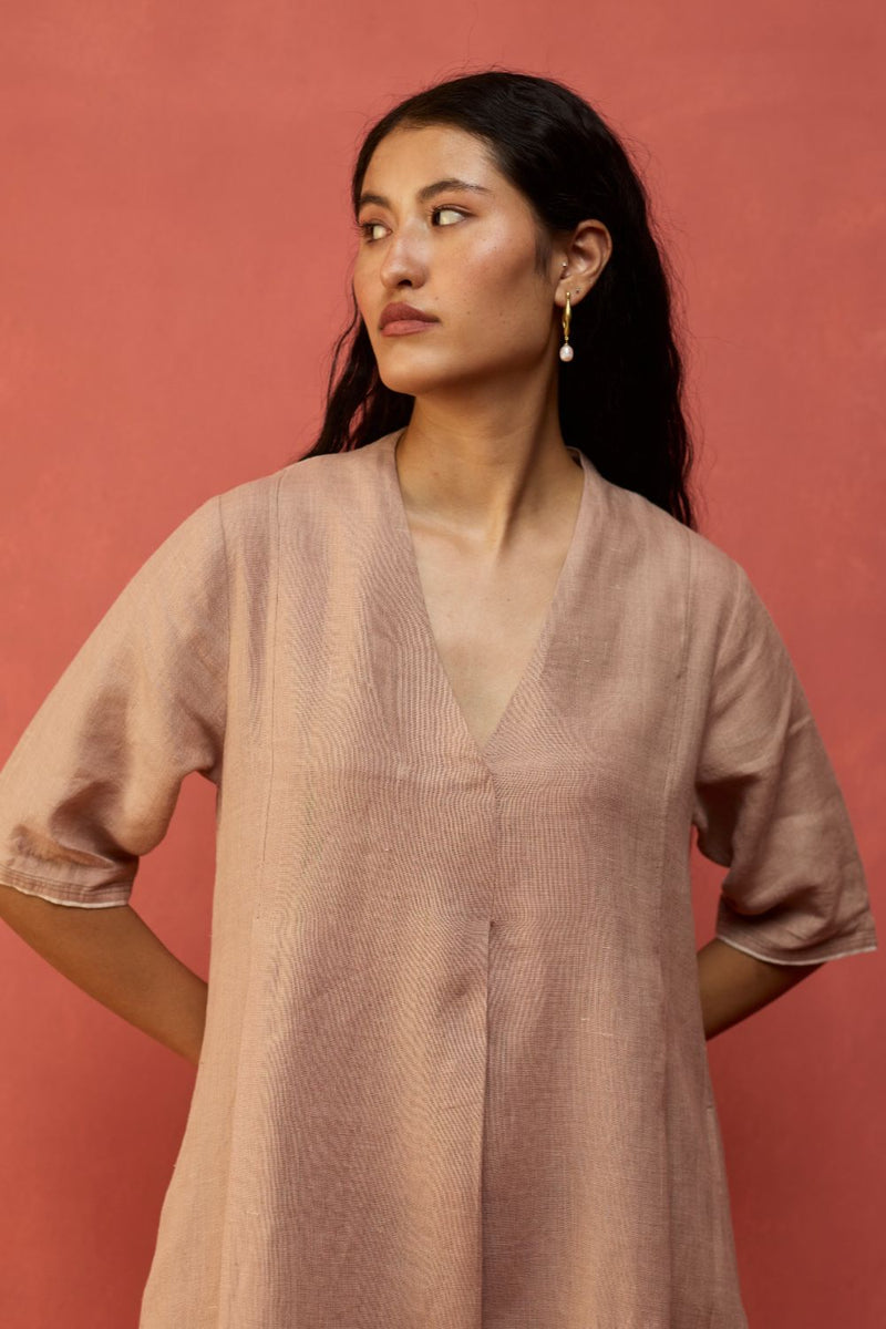 Maki Pleated Linen Dress - Dusty Rose linen by Manan in blush color for women in Singapore