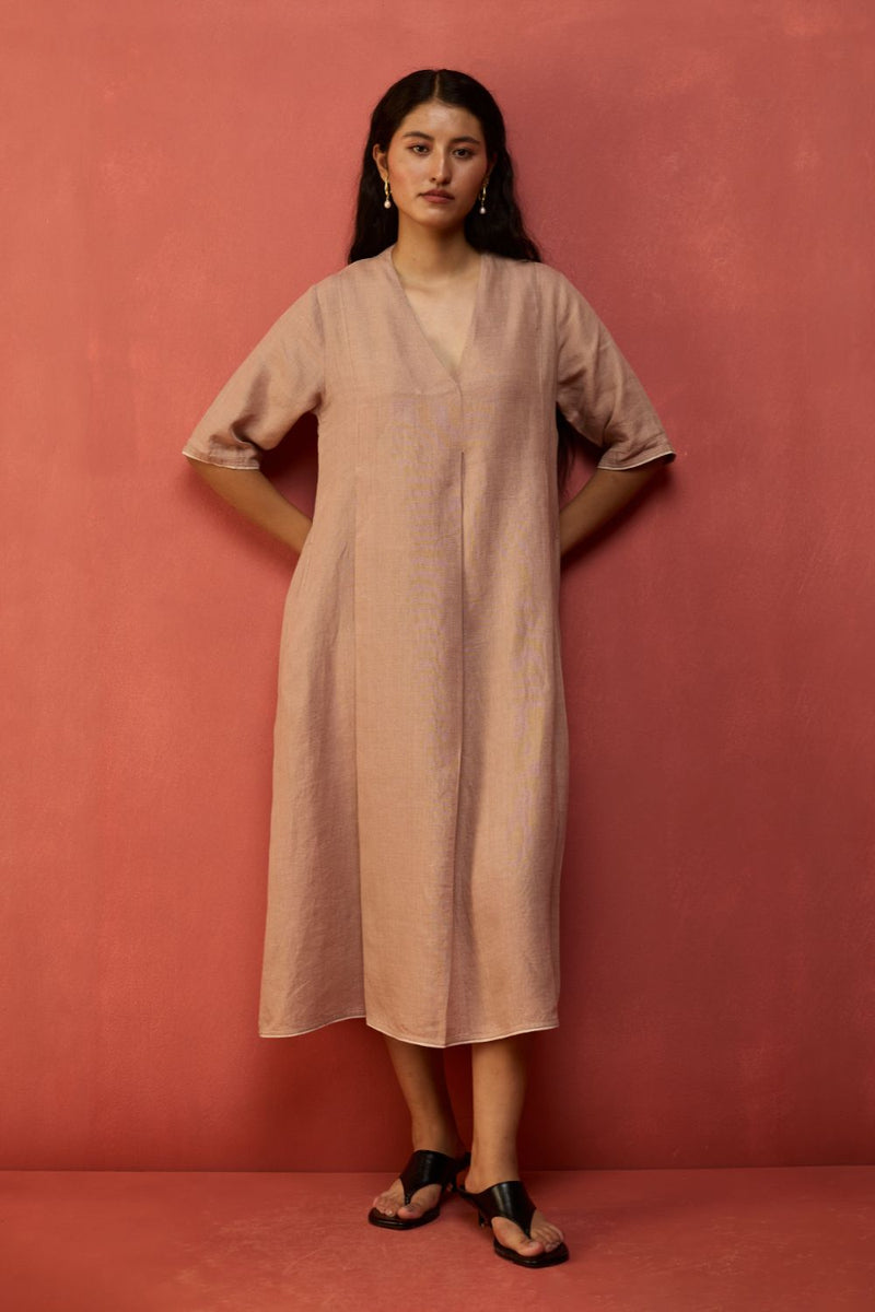 Maki Pleated Linen Dress - Dusty Rose linen by Manan in blush color for women in Singapore