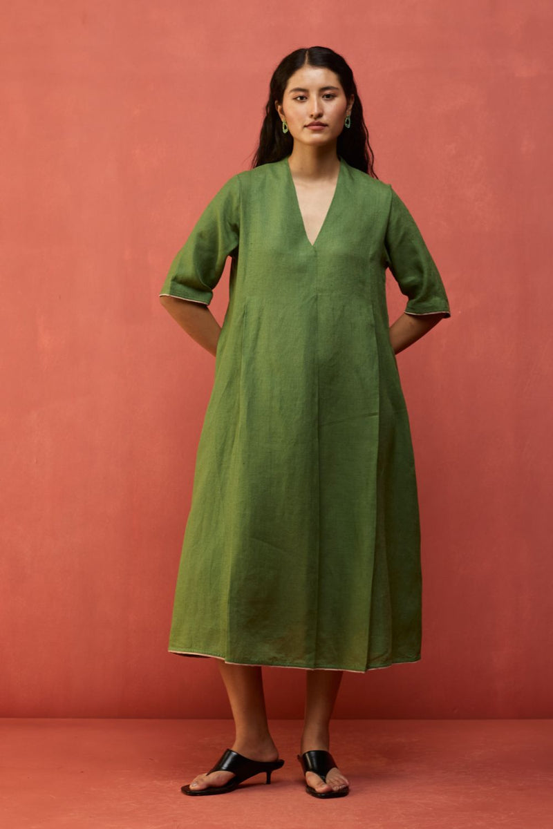 Maki Pleated Linen Dress - Fern Green linen by Manan in green color for women in Singapore