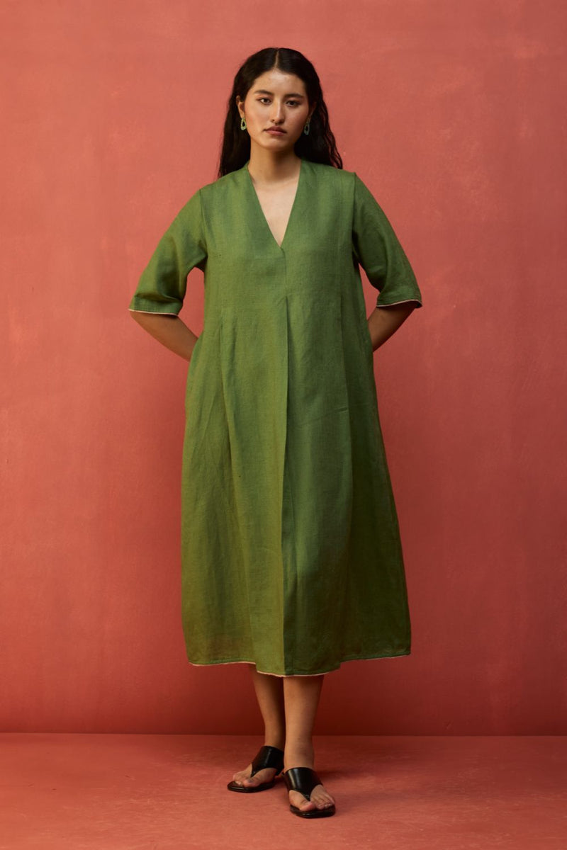 Maki Pleated Linen Dress - Fern Green linen by Manan in green color for women in Singapore