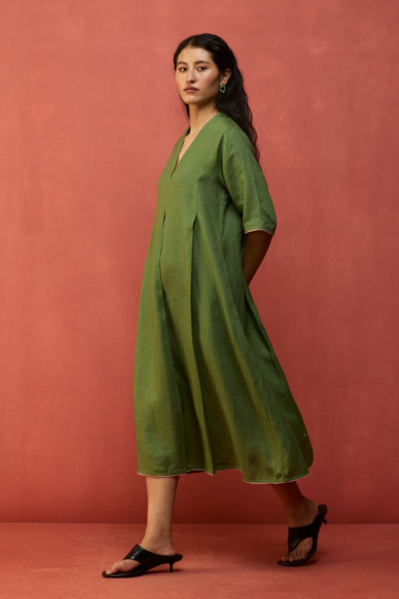 Maki Pleated Linen Dress - Fern Green linen by Manan in green color for women in Singapore
