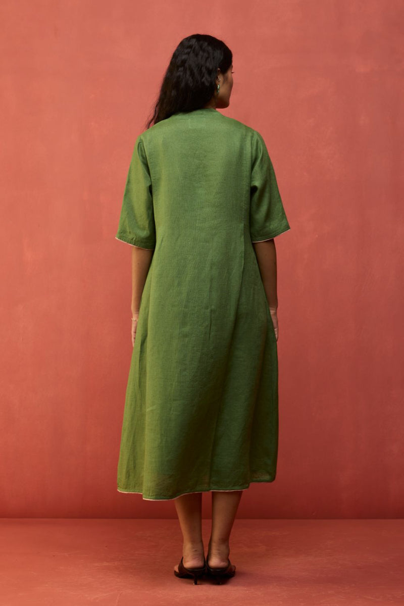 Maki Pleated Linen Dress - Fern Green linen by Manan in green color for women in Singapore