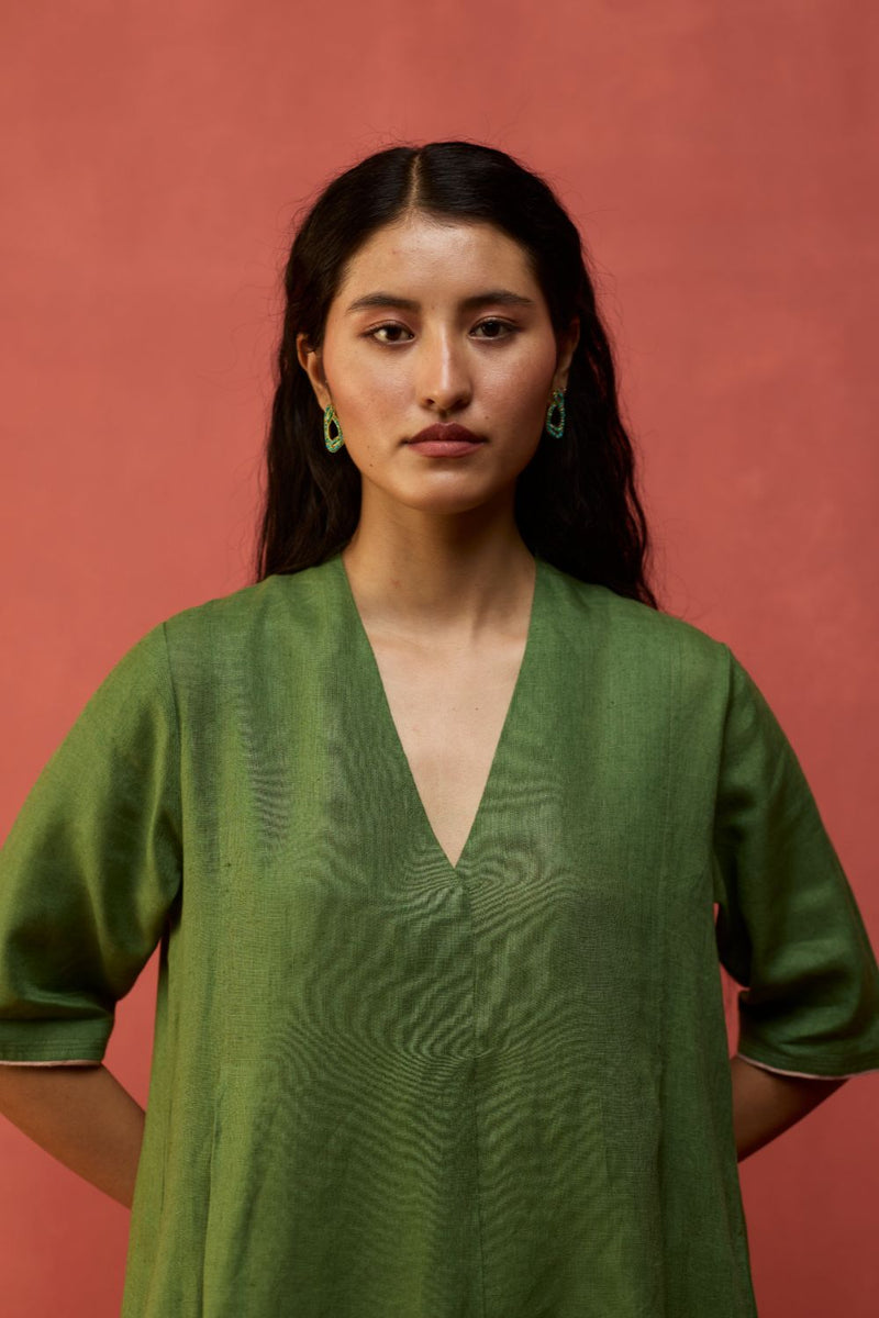 Maki Pleated Linen Dress - Fern Green linen by Manan in green color for women in Singapore