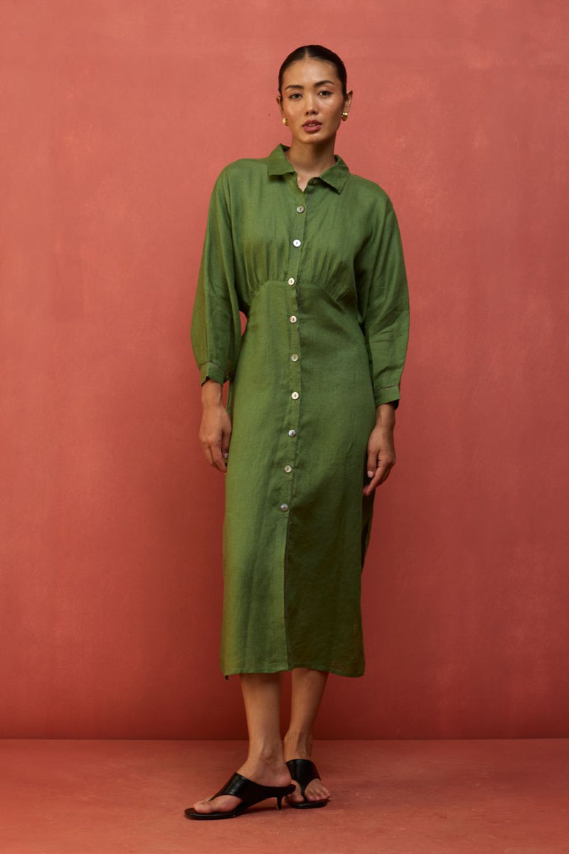Masaru Buttoned Linen Dress - Fern Green linen by Manan in green color for women in Singapore