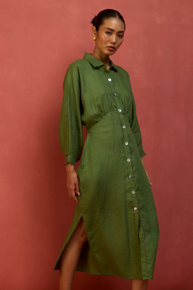 Masaru Buttoned Linen Dress - Fern Green linen by Manan in green color for women in Singapore