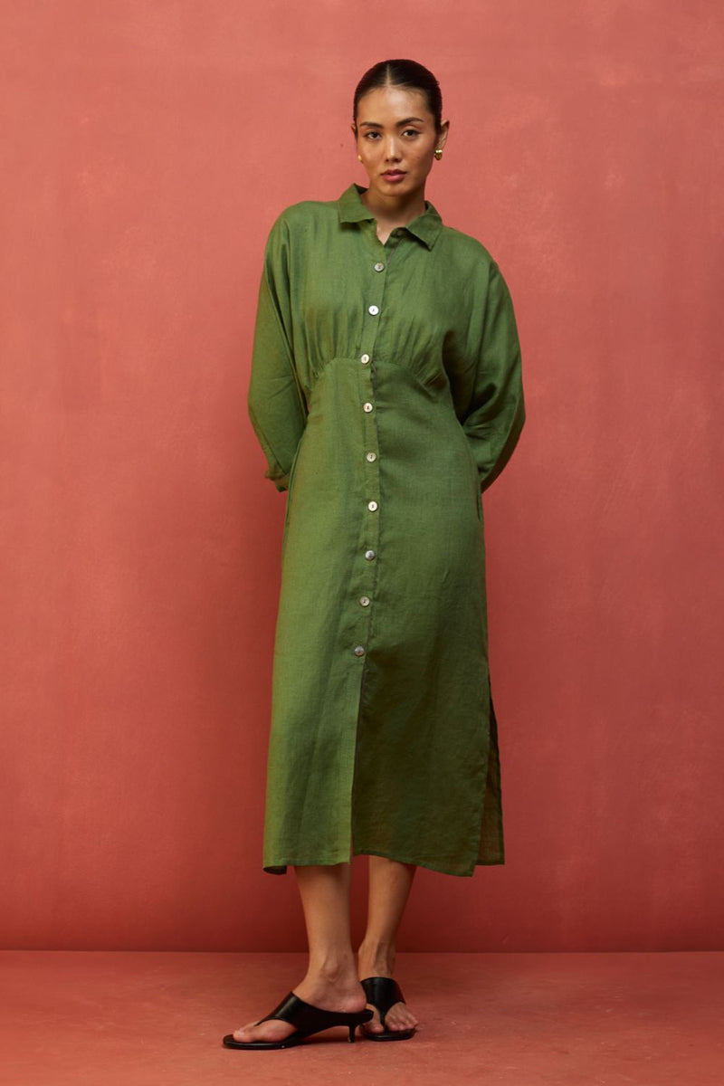 Masaru Buttoned Linen Dress - Fern Green linen by Manan in green color for women in Singapore
