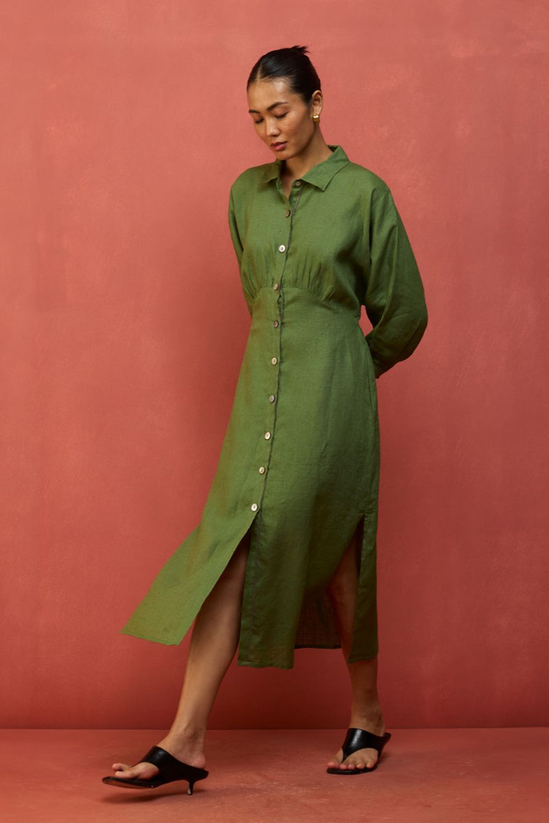 Masaru Buttoned Linen Dress - Fern Green linen by Manan in green color for women in Singapore