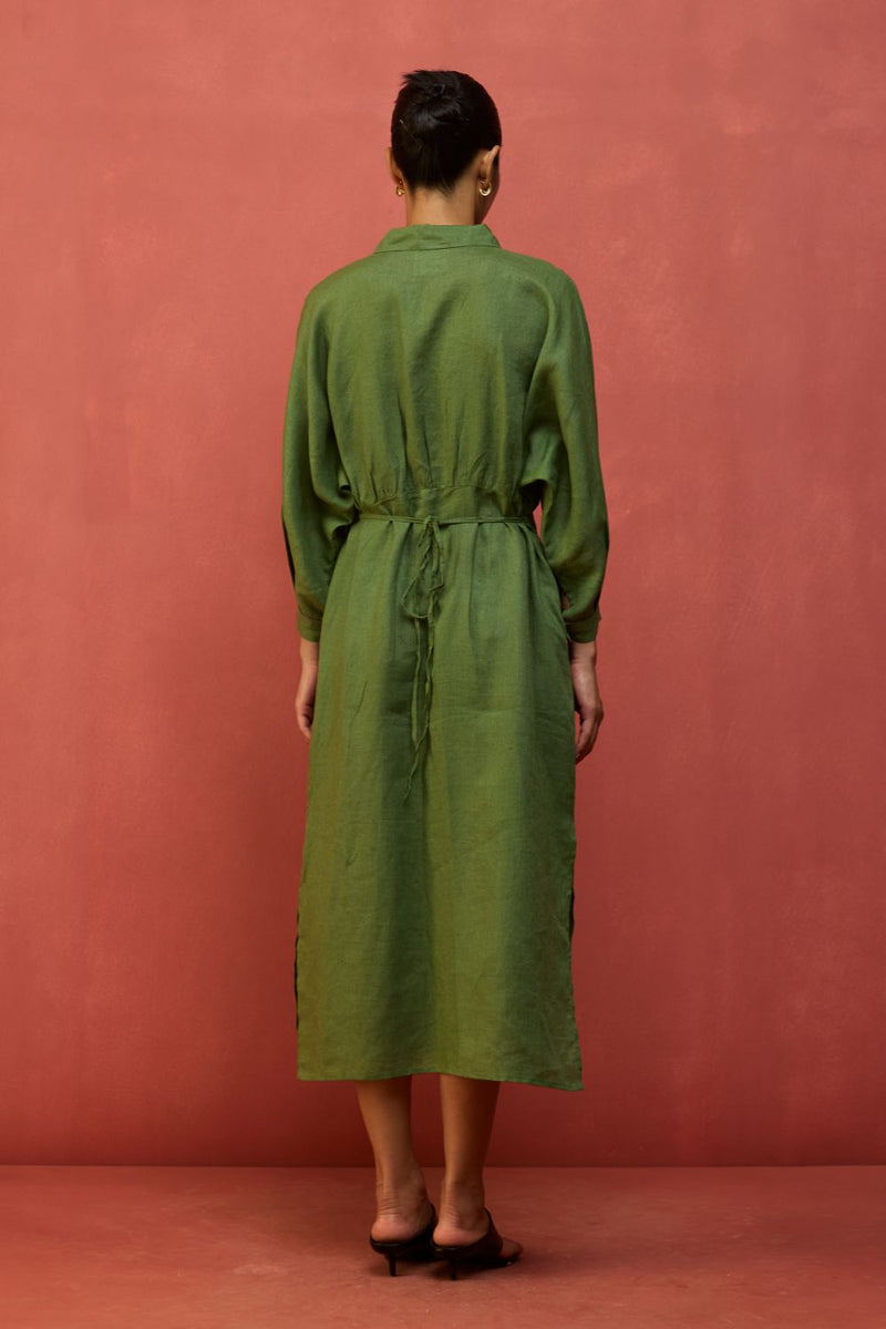 Masaru Buttoned Linen Dress - Fern Green linen by Manan in green color for women in Singapore