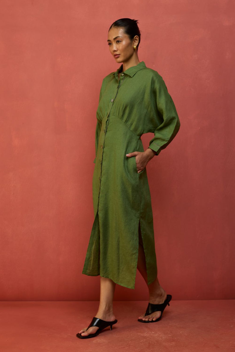 Masaru Buttoned Linen Dress - Fern Green linen by Manan in green color for women in Singapore