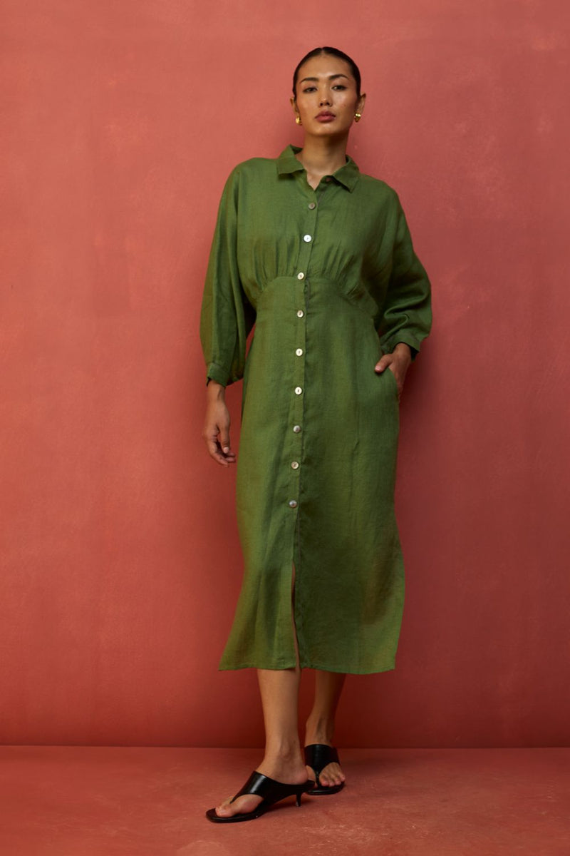 Masaru Buttoned Linen Dress - Fern Green linen by Manan in green color for women in Singapore