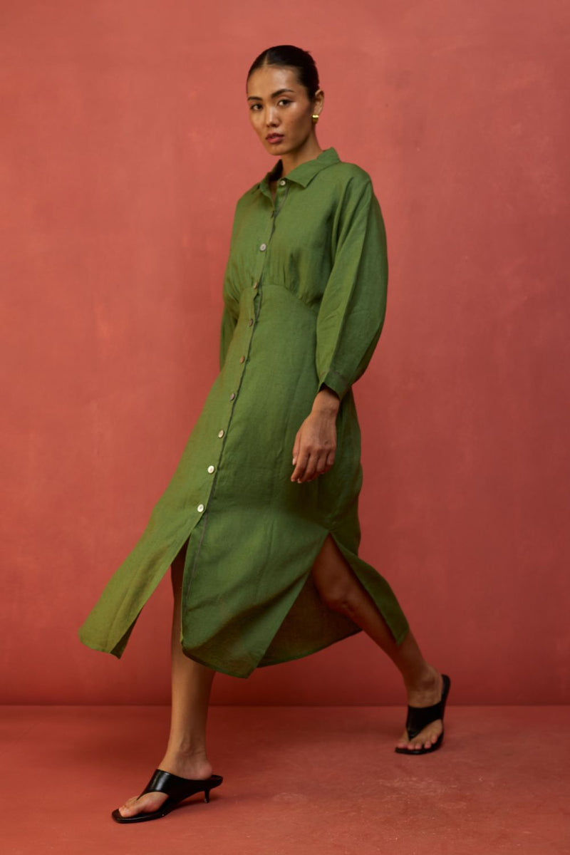 Masaru Buttoned Linen Dress - Fern Green linen by Manan in green color for women in Singapore