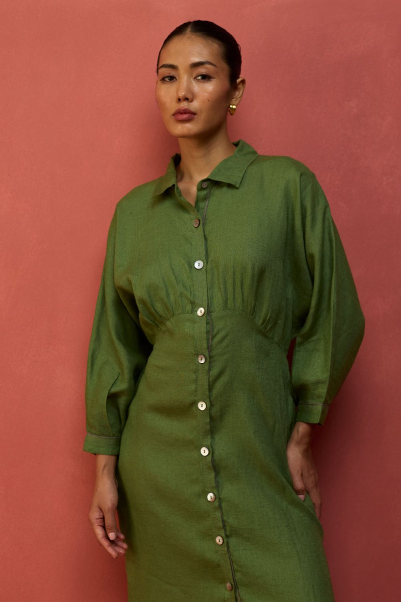 Masaru Buttoned Linen Dress - Fern Green linen by Manan in green color for women in Singapore