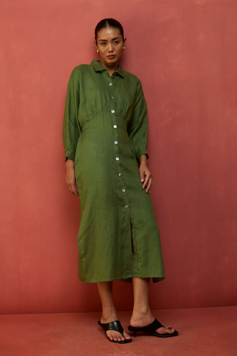 Masaru Buttoned Linen Dress - Fern Green linen by Manan in green color for women in Singapore