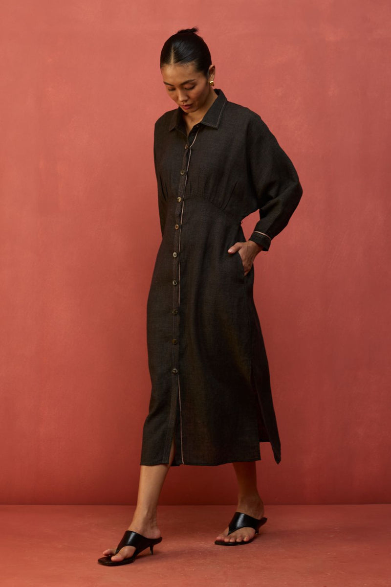 Masaru Buttoned Linen Dress - Charcoal linen by Manan in charcoal color for women in Singapore