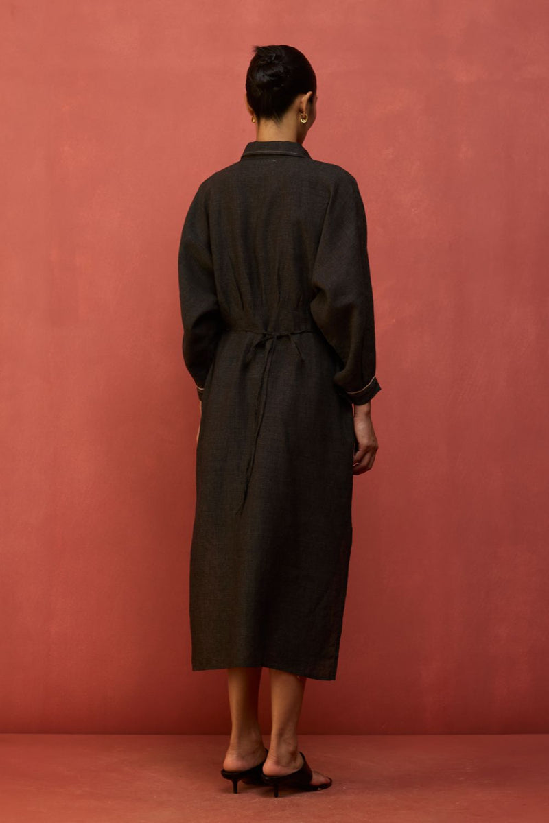 Masaru Buttoned Linen Dress - Charcoal linen by Manan in charcoal color for women in Singapore