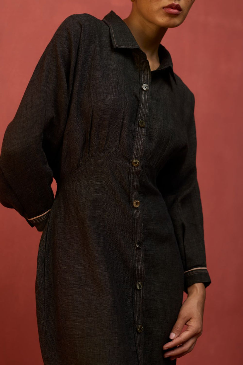 Masaru Buttoned Linen Dress - Charcoal linen by Manan in charcoal color for women in Singapore