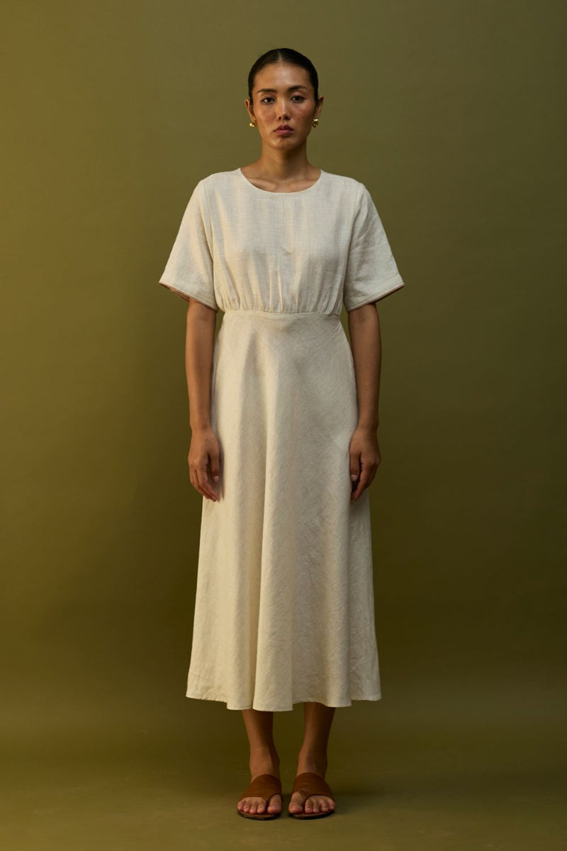 Masaru Buttoned Linen Dress - Off White linen by Manan in ivory color for women in Singapore