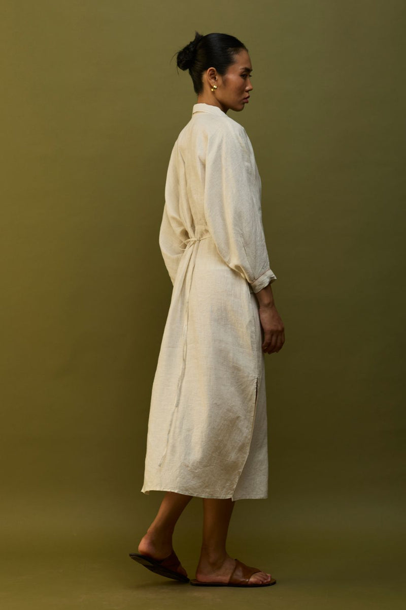 Masaru Buttoned Linen Dress - Off White linen by Manan in ivory color for women in Singapore