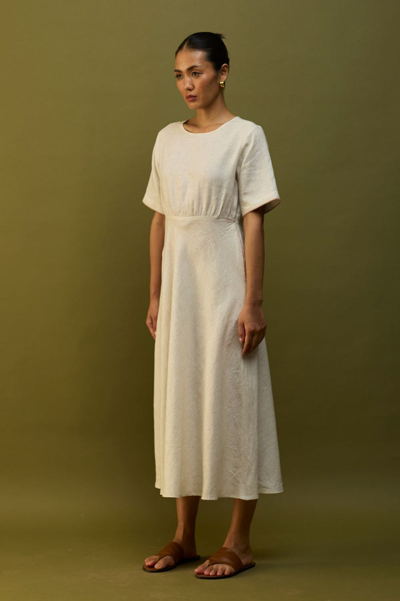 Masaru Buttoned Linen Dress - Off White linen by Manan in ivory color for women in Singapore