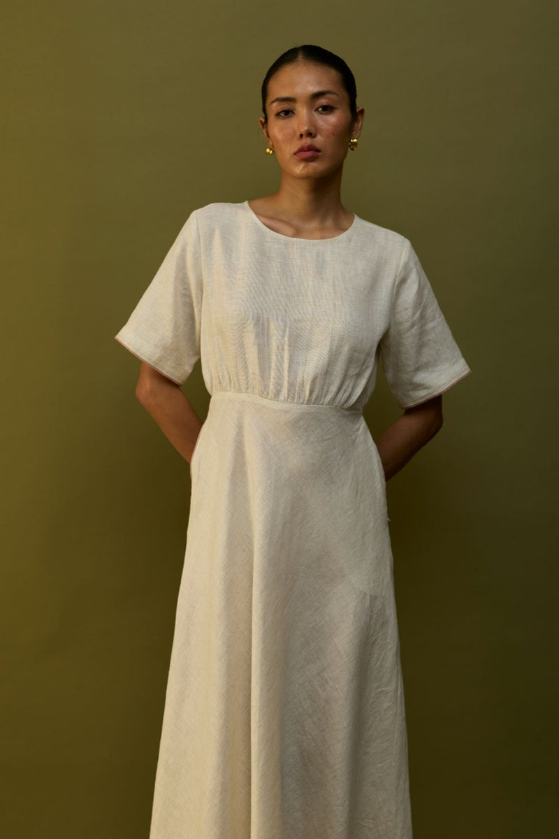 Masaru Buttoned Linen Dress - Off White linen by Manan in ivory color for women in Singapore