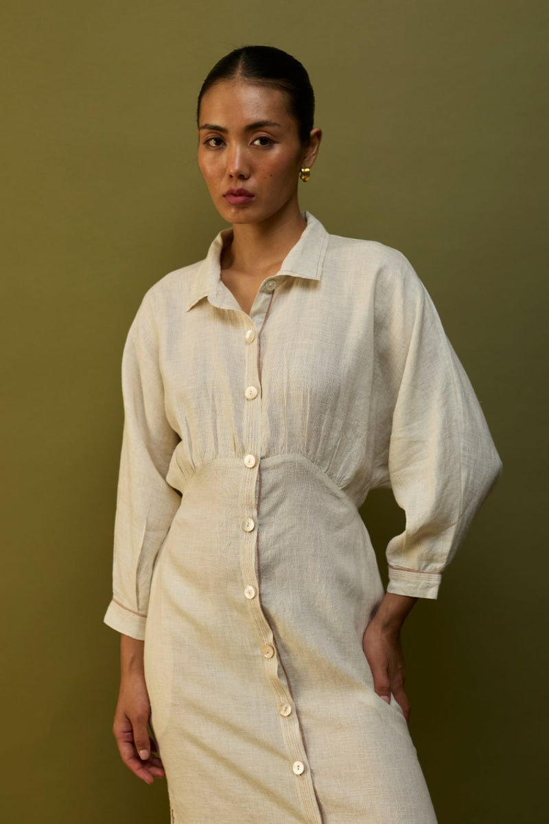 Masaru Buttoned Linen Dress - Off White linen by Manan in ivory color for women in Singapore