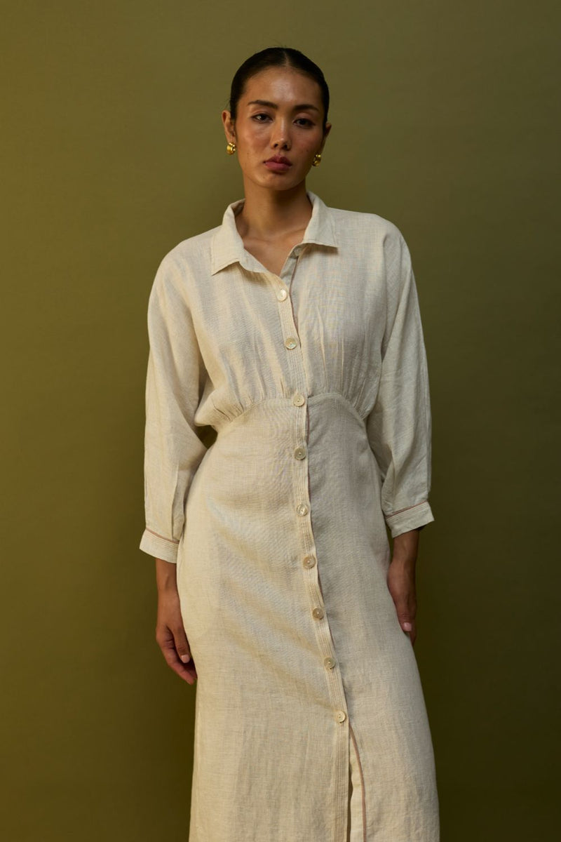 Masaru Buttoned Linen Dress - Off White linen by Manan in ivory color for women in Singapore