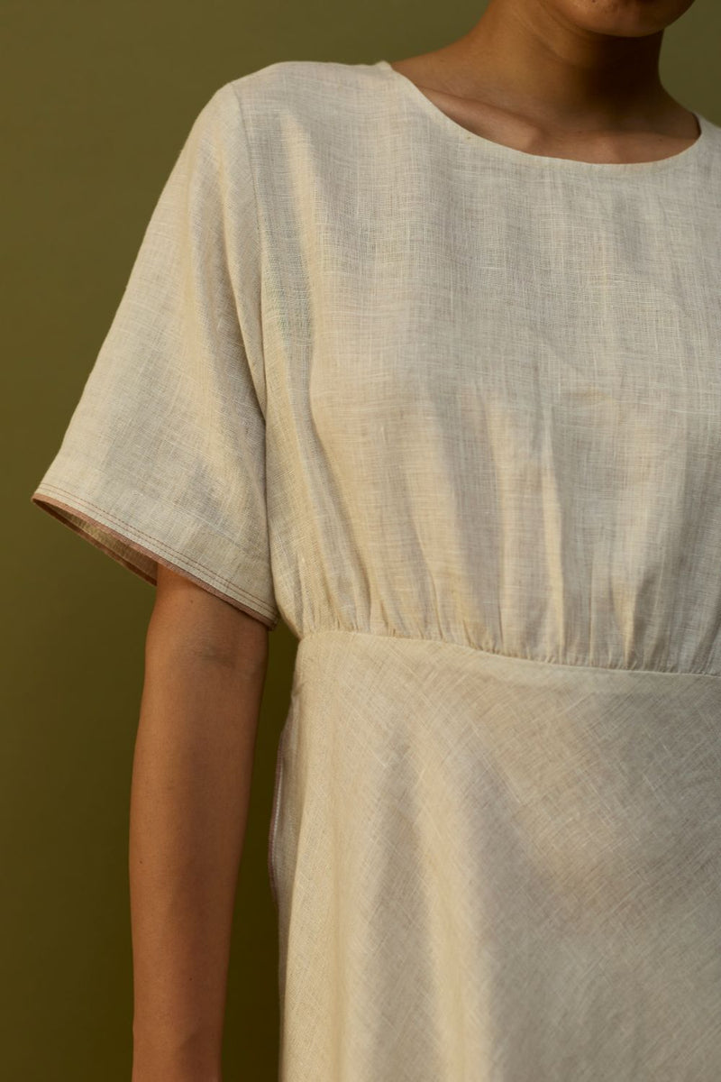 Masaru Buttoned Linen Dress - Off White linen by Manan in ivory color for women in Singapore