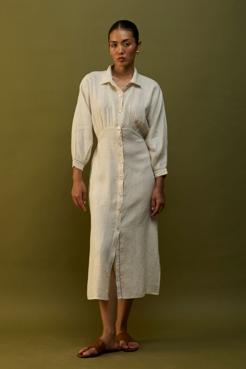 Masaru Buttoned Linen Dress - Off White linen by Manan in ivory color for women in Singapore