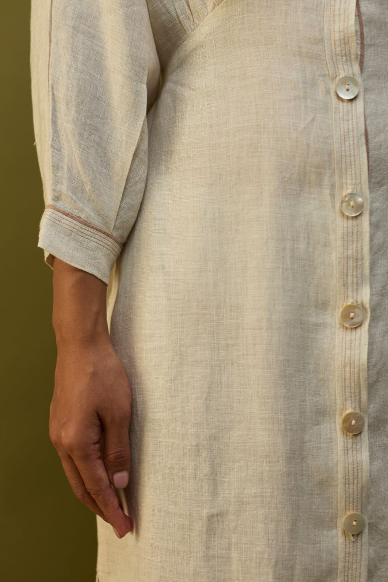 Masaru Buttoned Linen Dress - Off White linen by Manan in ivory color for women in Singapore