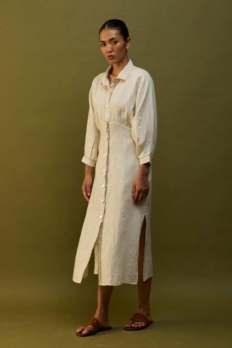 Masaru Buttoned Linen Dress - Off White linen by Manan in ivory color for women in Singapore