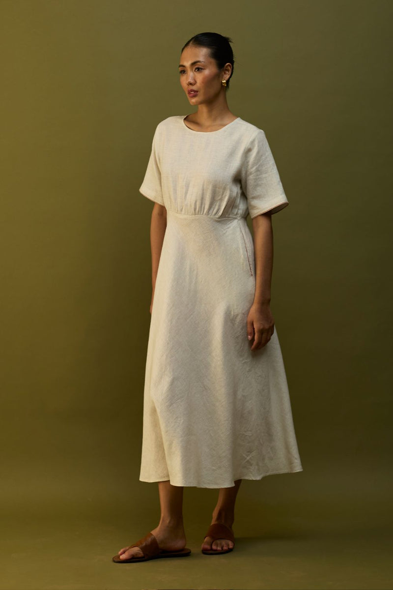 Masaru Buttoned Linen Dress - Off White linen by Manan in ivory color for women in Singapore