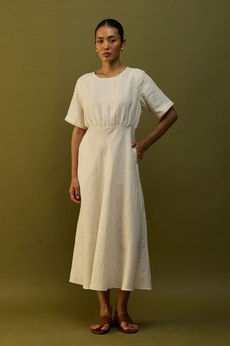 Masaru Buttoned Linen Dress - Off White linen by Manan in ivory color for women in Singapore