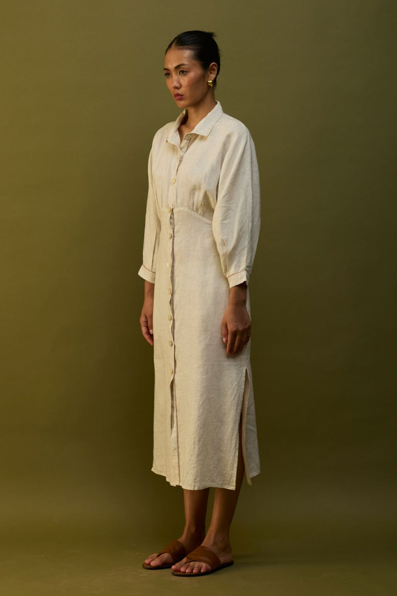 Masaru Buttoned Linen Dress - Off White linen by Manan in ivory color for women in Singapore