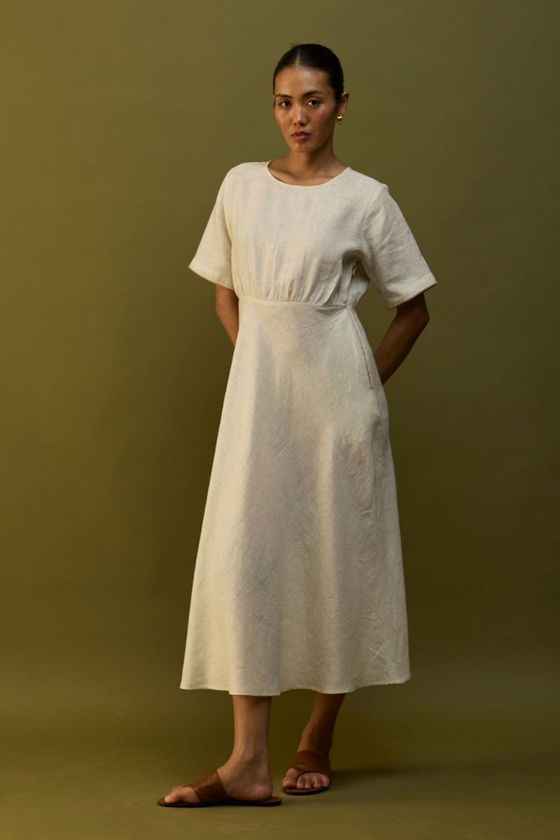 Masaru Buttoned Linen Dress - Off White linen by Manan in ivory color for women in Singapore