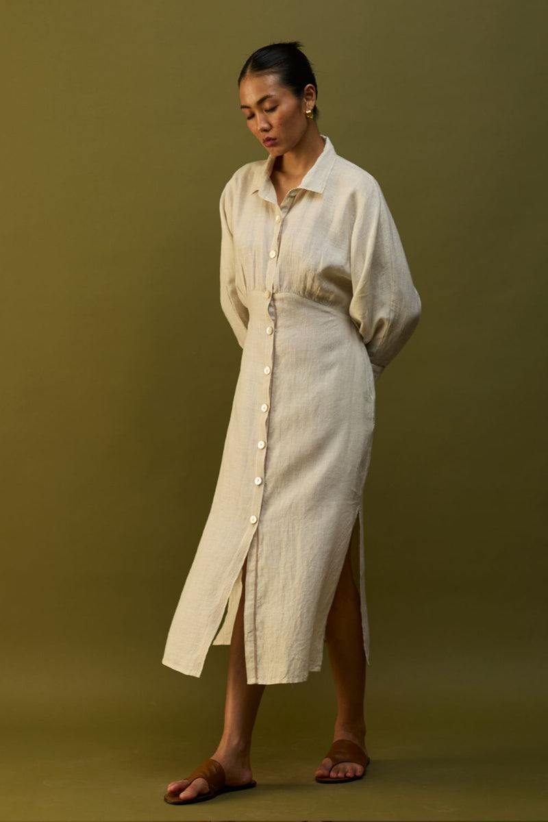 Masaru Buttoned Linen Dress - Off White linen by Manan in ivory color for women in Singapore