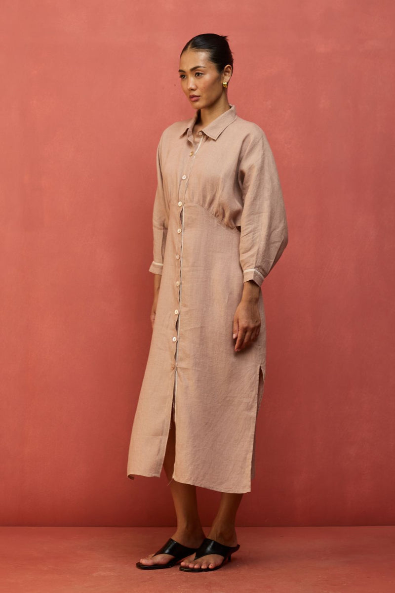 Masaru Buttoned Linen Dress - Dusty Rose linen by Manan in blush color for women in Singapore