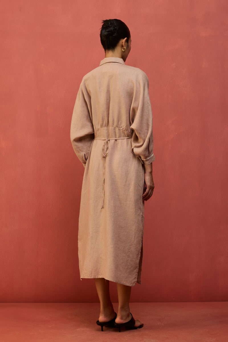Masaru Buttoned Linen Dress - Dusty Rose linen by Manan in blush color for women in Singapore