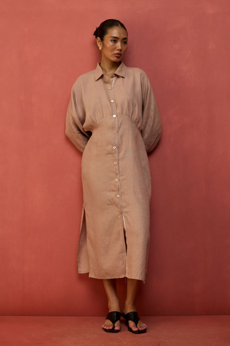 Masaru Buttoned Linen Dress - Dusty Rose linen by Manan in blush color for women in Singapore