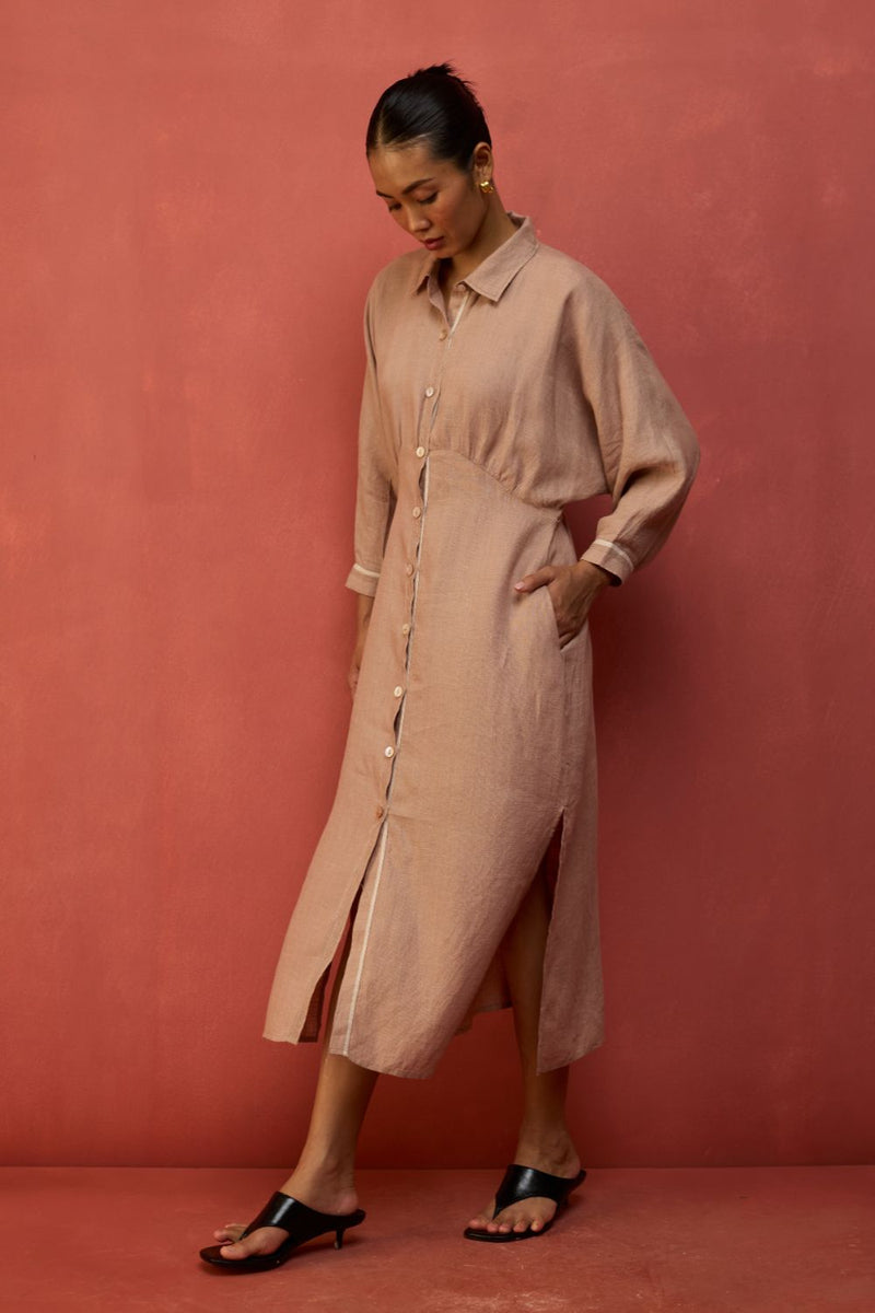 Masaru Buttoned Linen Dress - Dusty Rose linen by Manan in blush color for women in Singapore