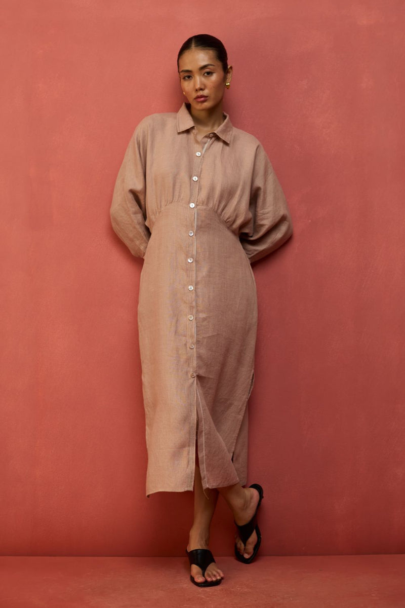 Masaru Buttoned Linen Dress - Dusty Rose linen by Manan in blush color for women in Singapore