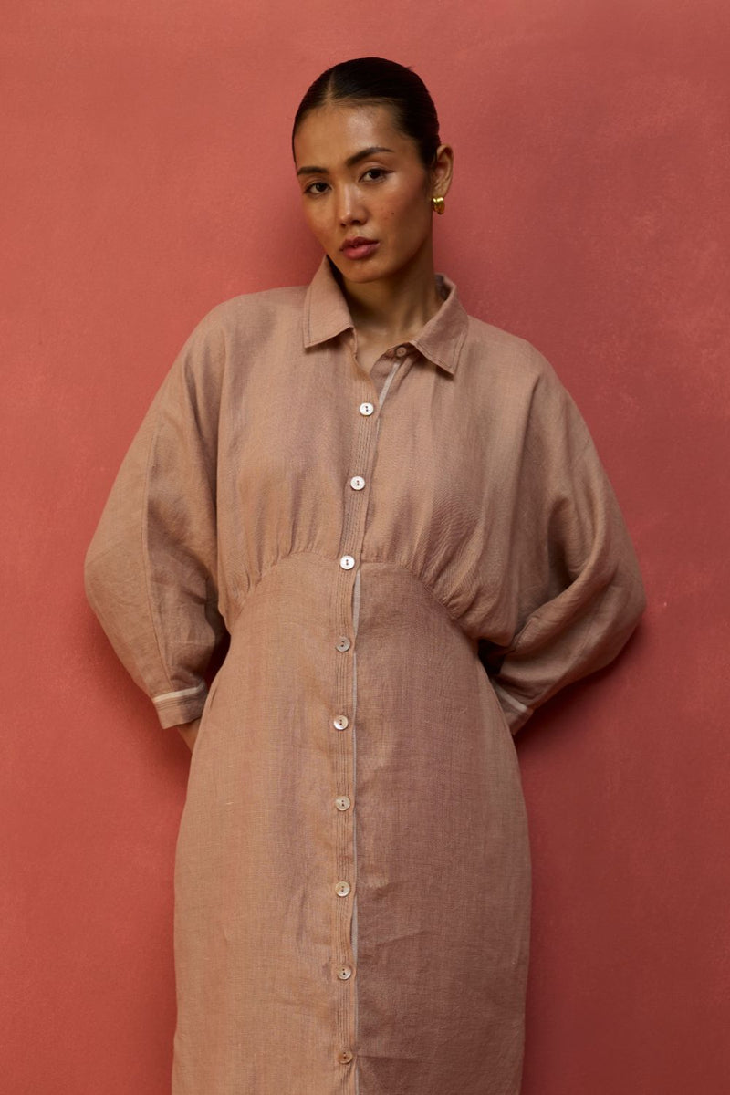 Masaru Buttoned Linen Dress - Dusty Rose linen by Manan in blush color for women in Singapore