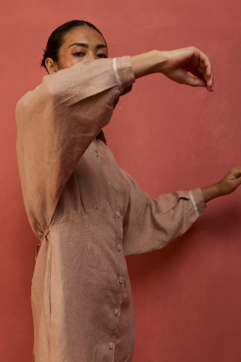 Masaru Buttoned Linen Dress - Dusty Rose linen by Manan in blush color for women in Singapore